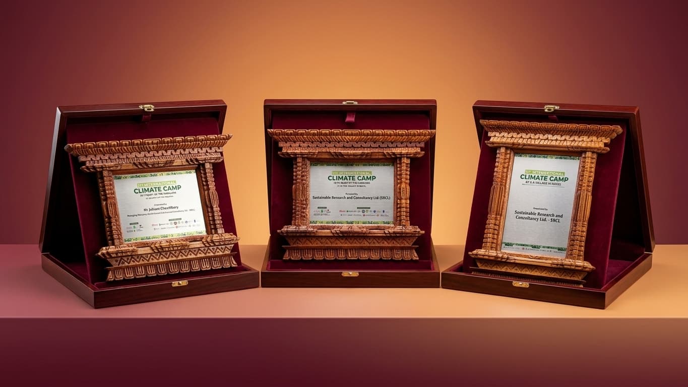 Three framed International Climate Camp plaques in wooden presentation boxes